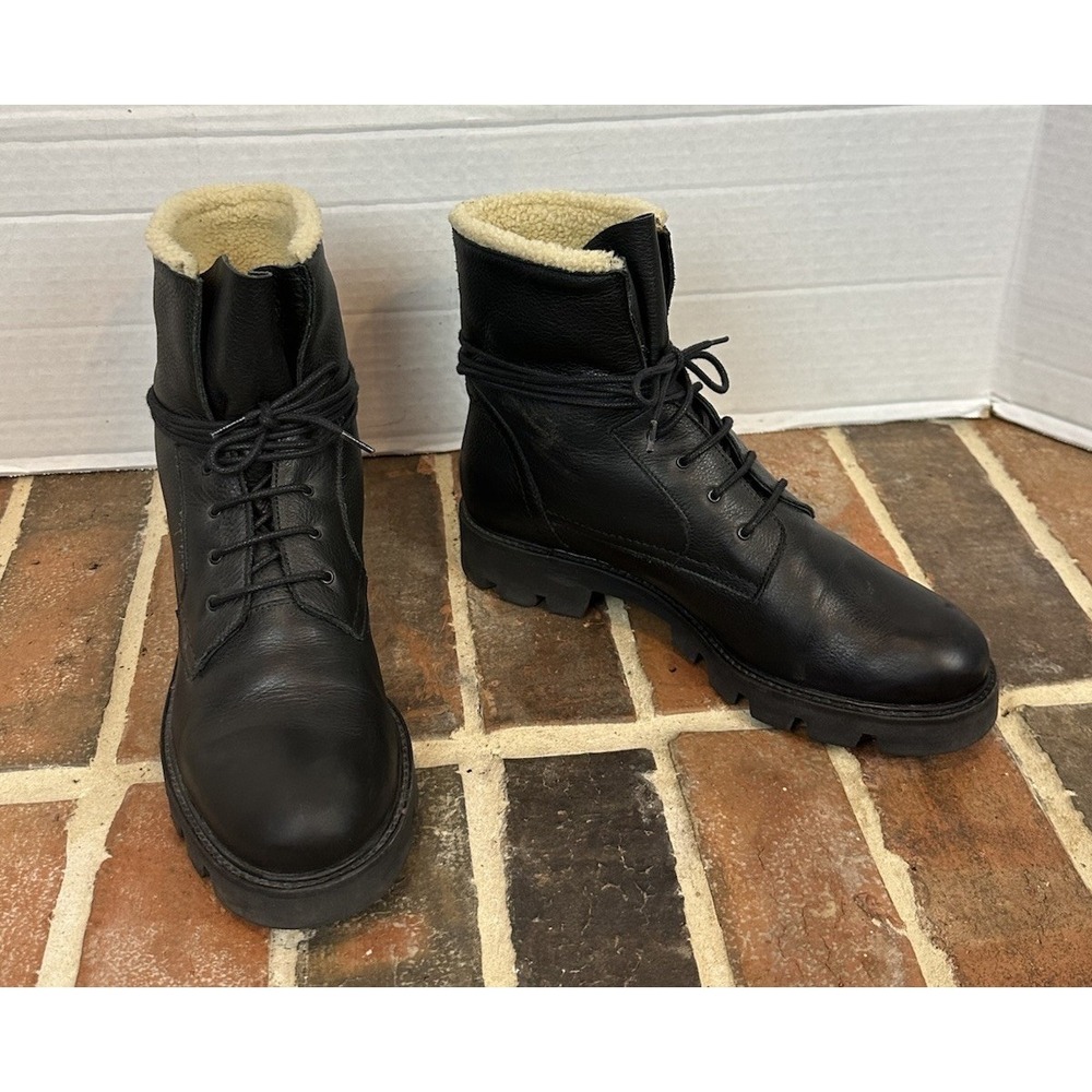 Colisee Paris‎ Black Leather Combat Boots Lace Up Ankle Women's 8.5 Sherpa Lined